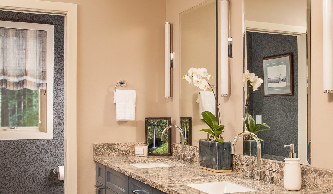 Transitional master bath with sophisticated colors and textures
